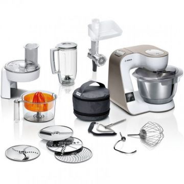 BOSCH Robot de bucătărie Bosch MUM5XW40, Gama MUM5, Motor 1000W (7 trepte și Pulse), Bol 3.9l din oțel inoxidabil, Cântar, Cronometru, Frământă, Toacă, Amestecă, Feliază, Răzuiește, Set patiserie