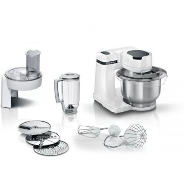 BOSCH Robot de bucatarie Bosch MUMS2EW20, 700 W, 4 trepte de viteza, Bol otel inoxidabil de 3.8l, mixare planetara, set patiserie, 3 discuri feliere/razuire, blender, Alb