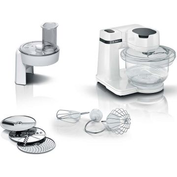 Robot de bucatarie Bosch MUMS2TW01, 700 W, 4 trepe de viteza, Bol din tritan de 3.8L, mixare planetara 3D, Set patiserie, 3 discuri feliere/razuire, Alb