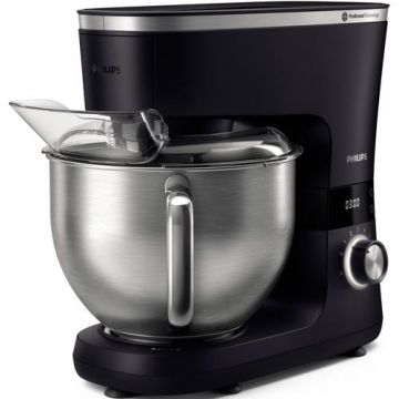 Robot de bucatarie Philips HR7962/01 seria 7000, 1000 W, 8 viteze, Tehnologie ProKnead, Sistem de amestecare perfecta, Carlige pentru aluat, paleta si tel, Castron 5.5 l, Capac antistropire, Cronometru inteligent cu LED (Negru/Argintiu)