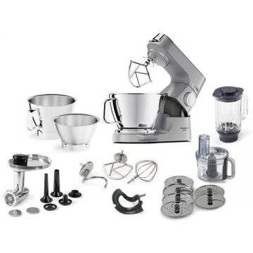 Kenwood Robot de bucatarie KENWOOD Titanium Chef Baker KVC85.594SI, 1200 W, 2 vase 5l/3.5 l, 10 trepte viteza, cantar integrat, ecran LCD, blender, masina tocat, procesor alimente, 4 accesorii patiserie, Argintiu