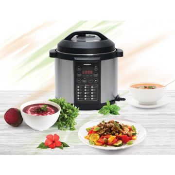 Oala electrica sub presiune Alacarte 6IX, Heinner, 1000W, 3.8L, 15 programe, negru/argintiu
