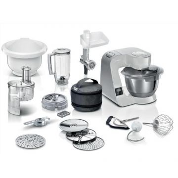 Robot de bucatarie Bosch MUM5XL72, cu cantar integrat, 1000 W, Bol otel inoxidabil 3.9 l, blender 1.25 l, 7 viteze+impulse, mixare planetara 3D, Argintiu