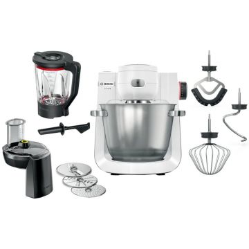Robot de bucatarie Bosch Seria 6 MUMS6EW22, 1600 W, 7 viteze + Pulse, Mixare planetara 3D, Bol 5.5 l, Blender ThermoSafeglass 2.3 l, Aplicatie Home Connect