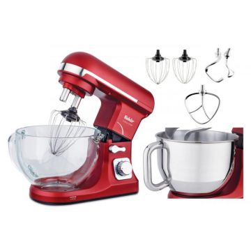 Robot de bucatarie Fakir Culina Chef, 1000W, Bol 5 L inox, Bol 5 L sticla, Sistem carlige duble, 6 Viteze - Pulse, Rosu