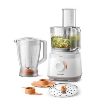 Robot de bucatarie Philips Daily Collection HR7320/00, 700 W, 2 viteze, bol 2.1 L, dispozitiv de emulsifiere, accesoriu de framantare, blender cu capacitate de 1 L, Alb