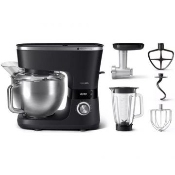 Robot de bucatarie Philips HR7962/21, seria 7000, 1000 W, 8 setari de viteza,Tehnologie ProKnead, Sistem de amestecare perfecta, carlige pentru aluat, paleta si tel, Castron de 5,5 l, Capac antistropire, Cronometru inteligent cu LED (Negru)